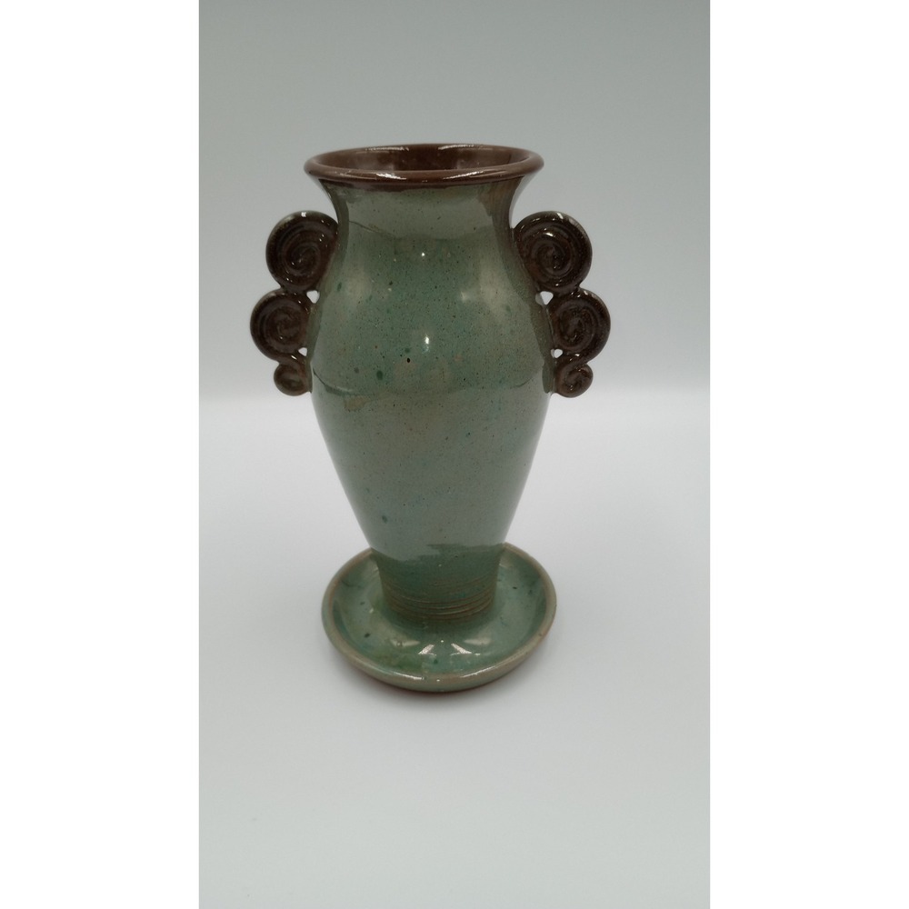 VTG Puodziai Lithuanian Green/Brown pottery vase with Handles H 7" X W 4" RARE